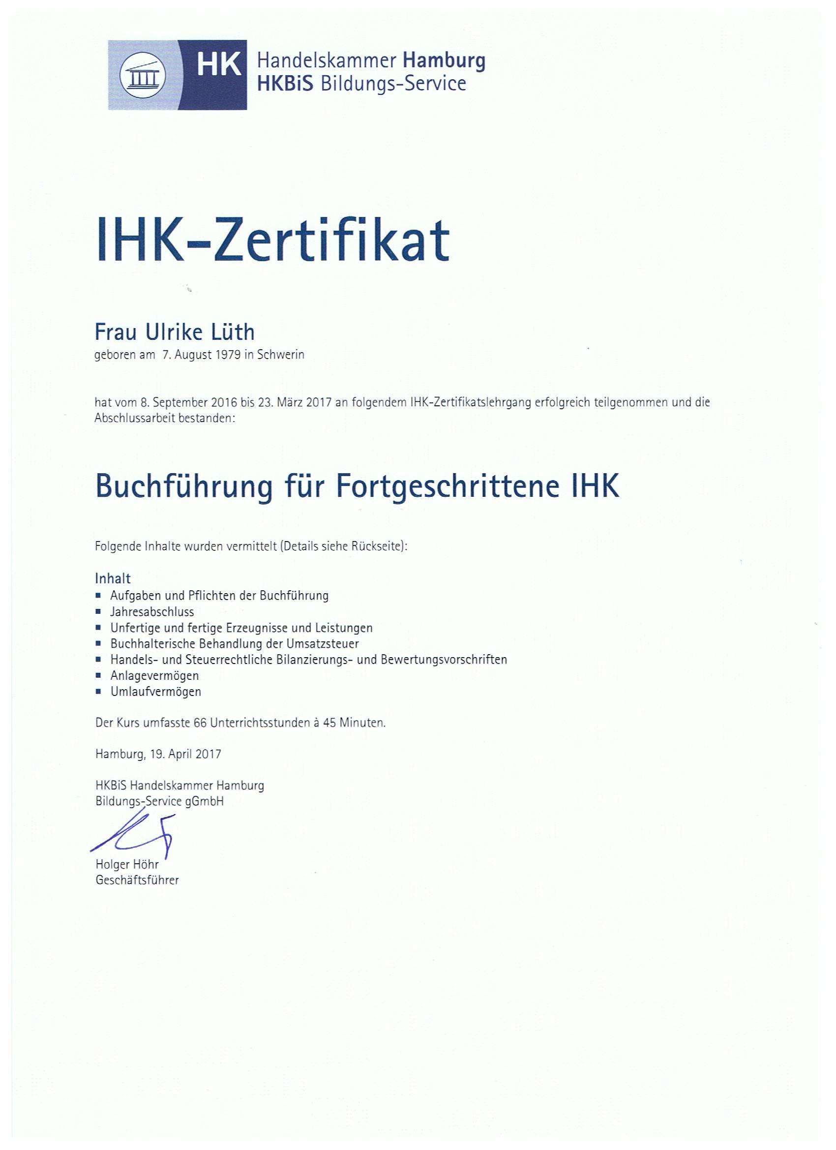 IHK Zertifkat von Ulrike Lueth