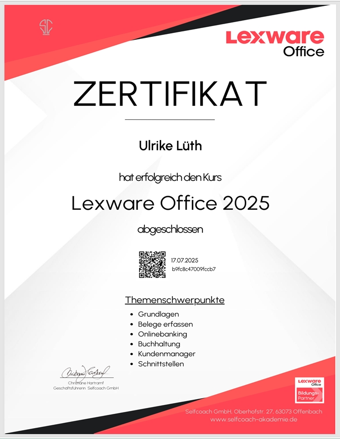 Zertifikat Lexware Office Ulrike Lueth